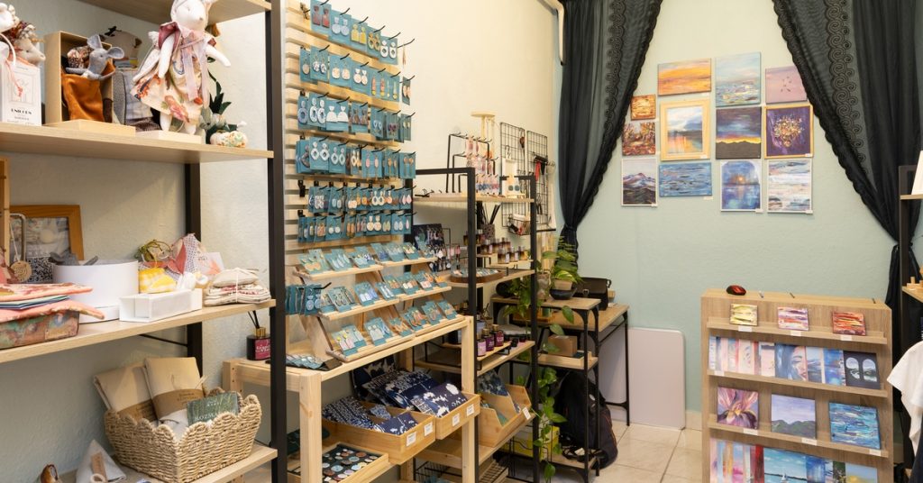 Local handmade shop in Budapest with artisan jewelry, small gifts, and original art prints on display
