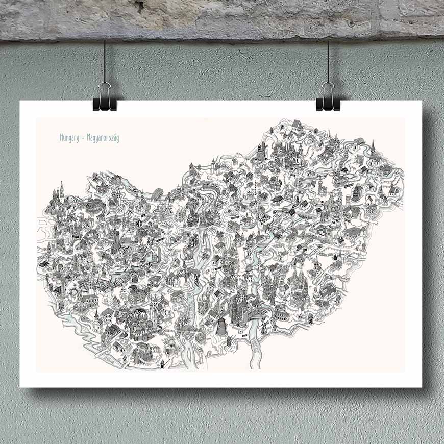 Illustrated map poster of Hungary—unique Budapest souvenir idea (art print).