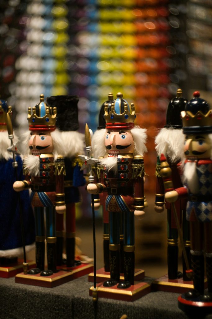 Colorful souvenir nutcracker figurines on display-typical tourist-shop gifts in Budapest.