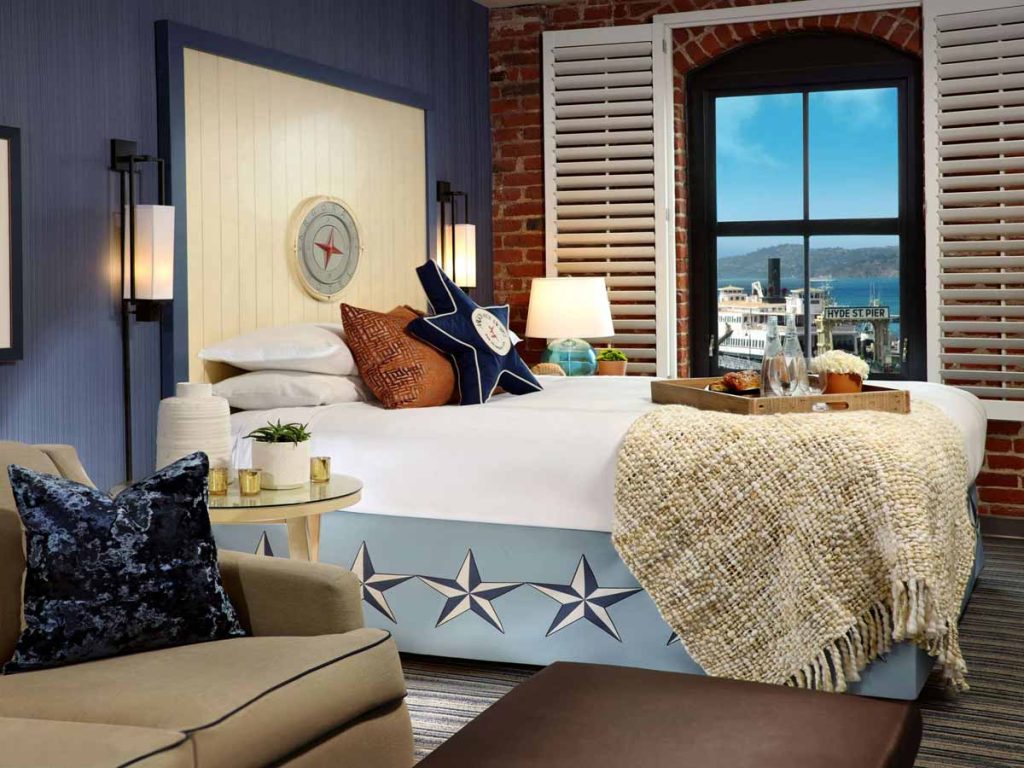 Argonaut Hotel San Francisco waterfront room with nautical décor and Hyde Street Pier view.
