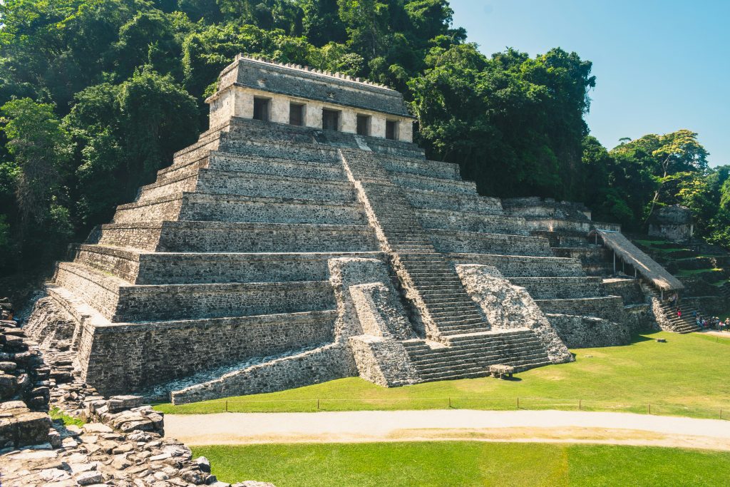Temple of the Inscriptions at Palenque, an ancient Maya temple complex in Chiapas.