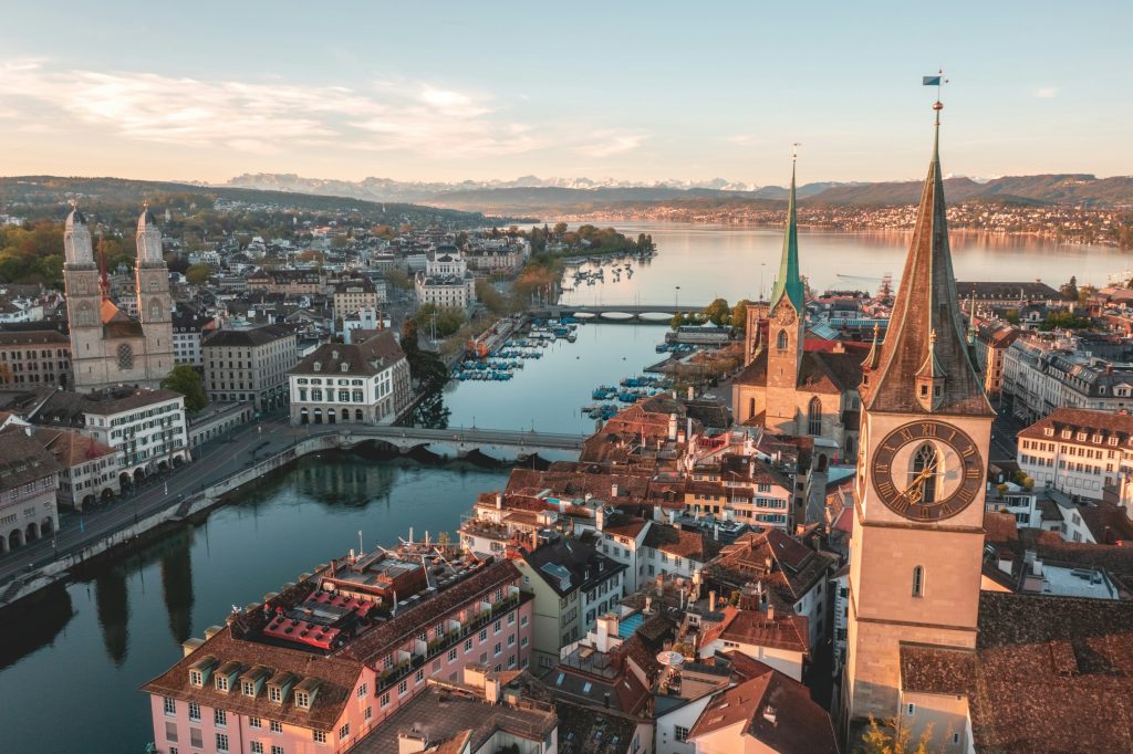 Zurich old town aerial view with Lake Zurich
