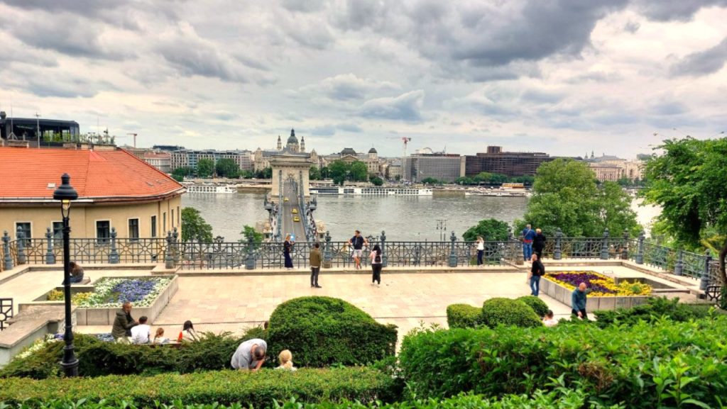 Scenic overlook of river and city bridge