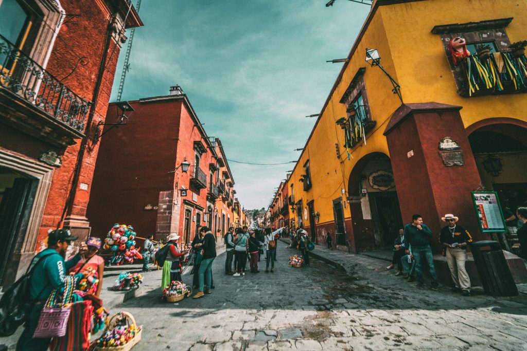 Colorful colonial street market in Mexico.