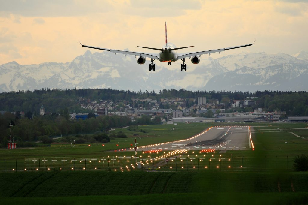 Airplane landing near Swiss Alps runway